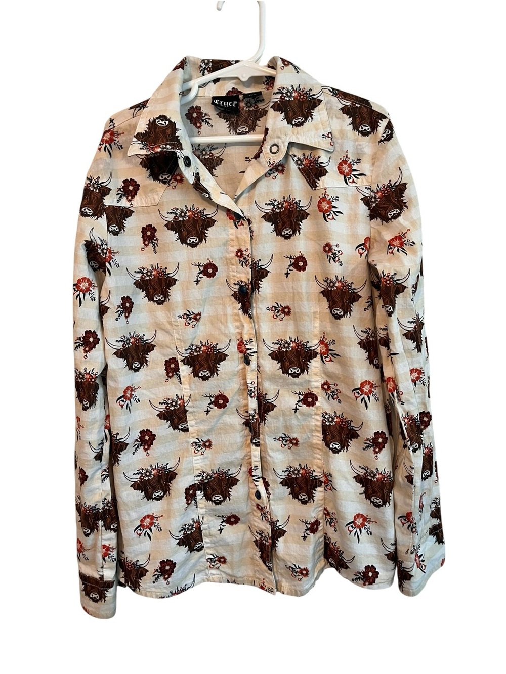 Cruel Girls Western Button Up Shirt Size L 10 Highland Cow Floral Snap Shirt